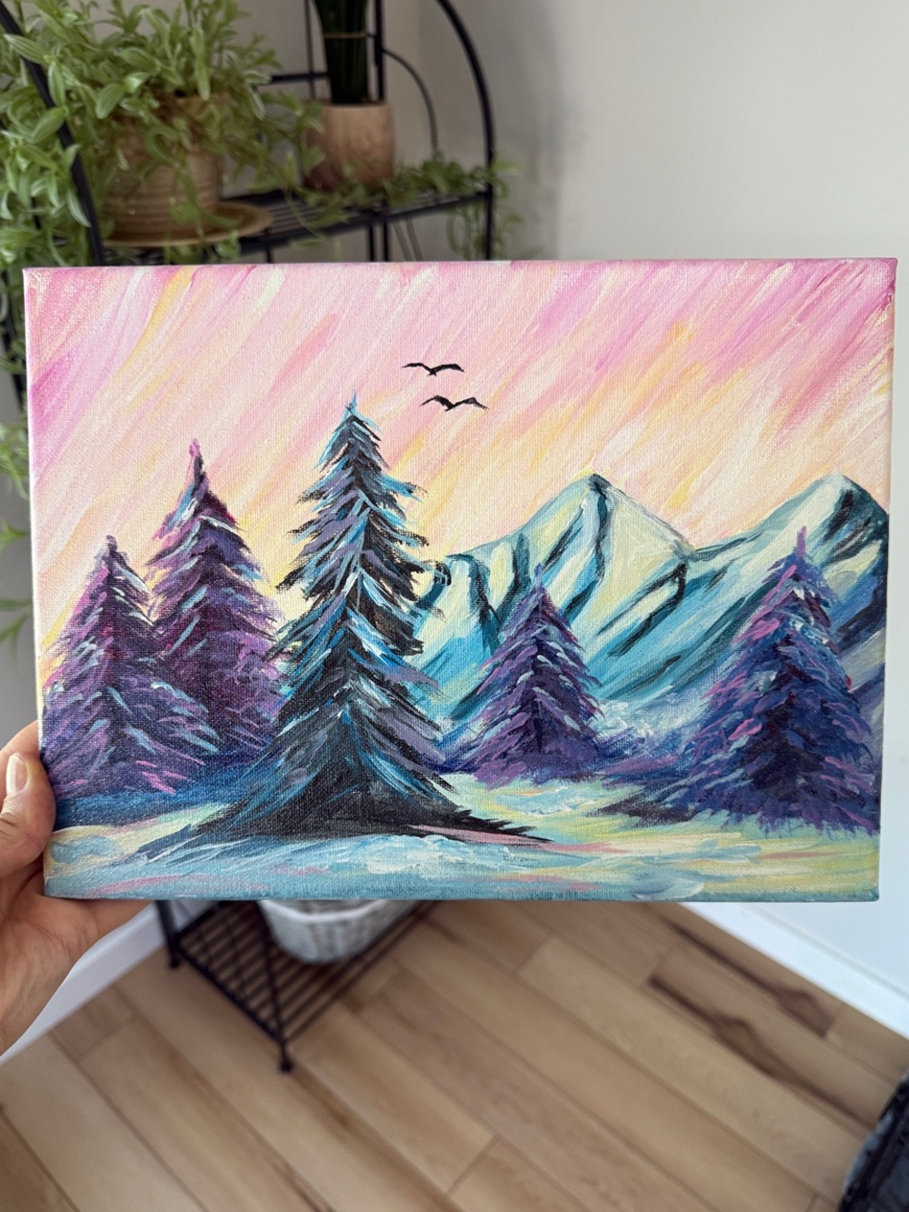 Hand-Painted Purple Pine Tree Mountain Canvas Art